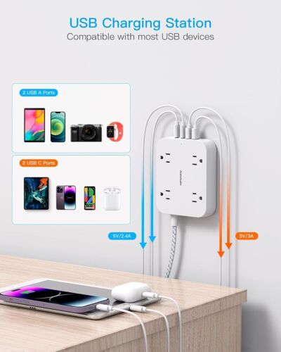 5Ft Flat Plug Extension Cord, 4 USB Ports (2 USB-C), 4 Outlets, Wall Mount - Picture 3 of 11