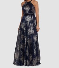 Betsy  Adam Women Blue Metallic Foil Printed Halter Gown Dress Size 6