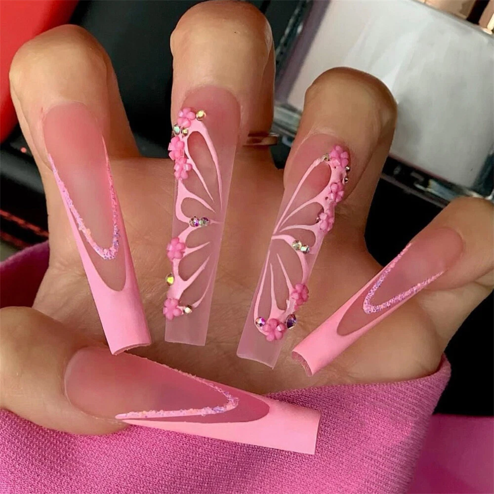 Pink butterfly acrylic nails deals