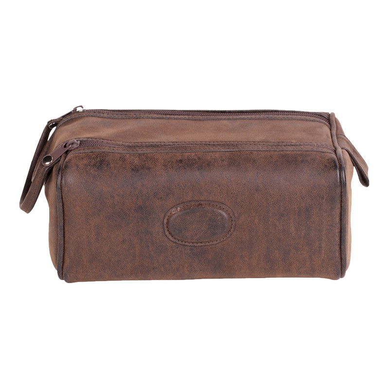 Montana Twin Zip Box Shape Brown Faux Leather  Man's Wash Bag Toiletry Travel