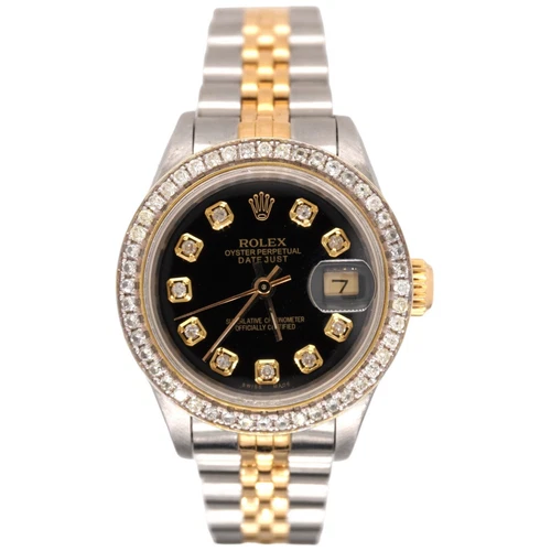Rolex Ladies Datejust 26mm 18kGold & Steel Watch ICED 1.0ct Diamonds Black Dial
