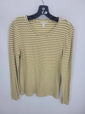 J Crew Top Womens Large Gold Ivory Stripe Scoop Neck Stretch Knit Boho Casual