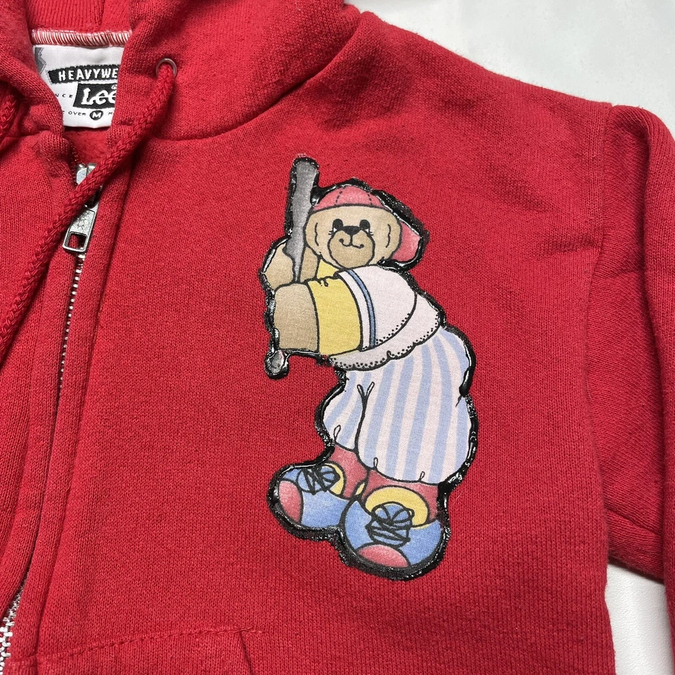 Винтажная толстовка с капюшоном 90-х Teddy Bear молодежный размер средний для мальчиков красное искусство на молнии сделано в США - Изображение 2 из 4