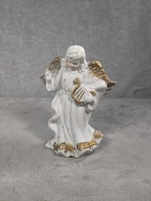 Vintage White Gold Porcelain Angel Playing Instrument Candlestick Holder 5.5"