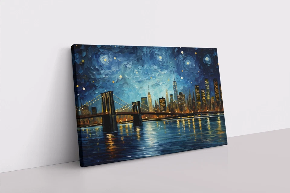Arte de pared en lienzo enmarcado pintura puente de Brooklyn ciudad de Nueva York | estilo Van Gogh Foto 2 de 4