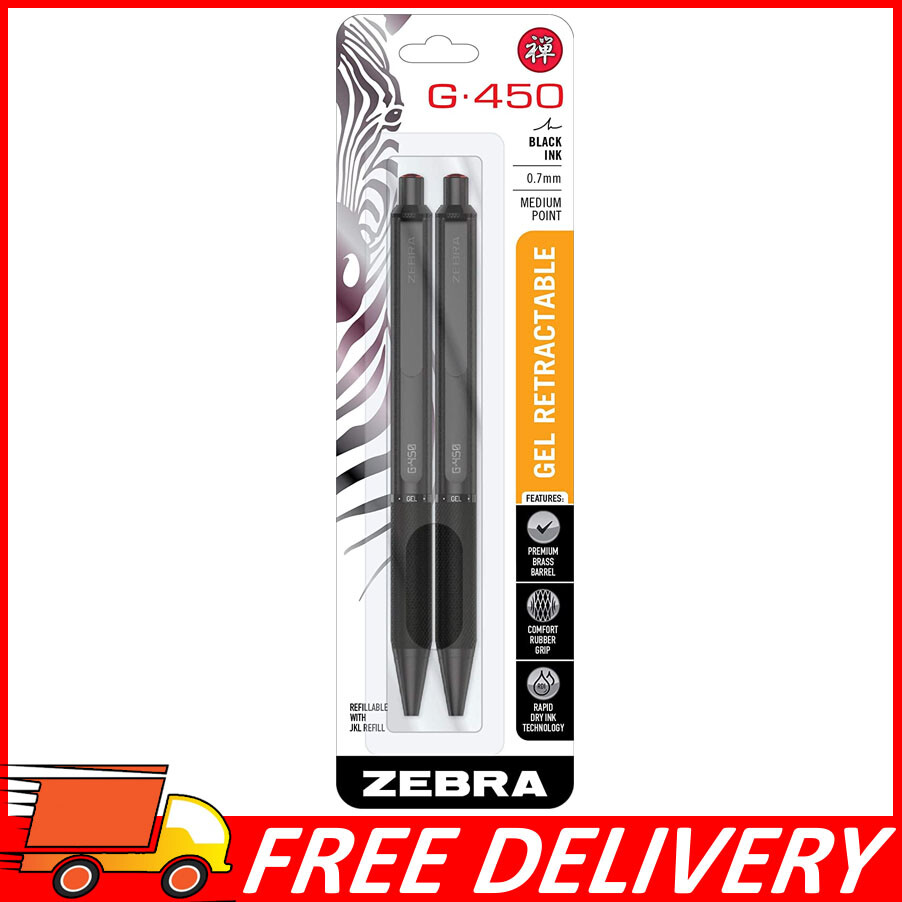 2pk Zebra Pen G450 Retractable Gel Pen, Black Brass Barrel, 0.7mm