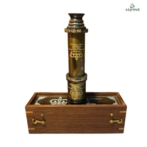 Télescope antique en laiton avec boîte en bois – Longue-vue nautique vintage - Foto 3 di 6