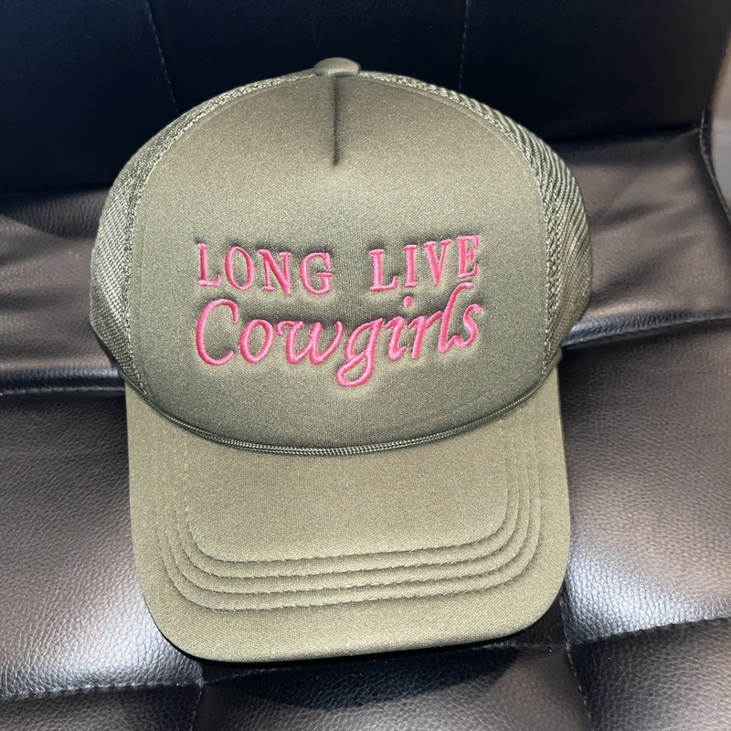 OSFM Olive Green And Pink Long Live Cowgirls SnapBack Trucker Hat