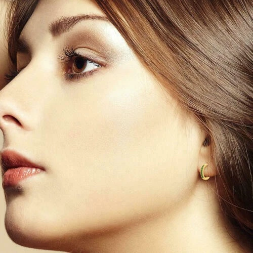 18K Massives Gelbes Gold Minimale Smaragd Huggie Ohrringe S594 - Bild 4 von 4