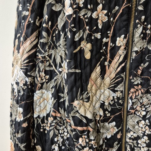 Zara Bomber Jacket Quilted Botanical Oriental Print Black Peach Sage Large Rare - Picture 14 of 24