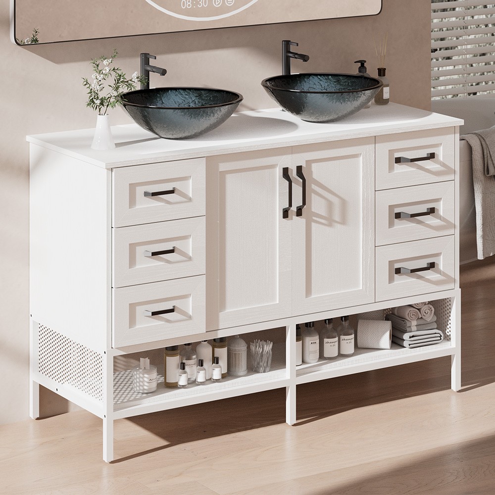 48" Bathroom Vanity with Tempered Glass Sink Open Shelves and 6 Storage Drawers