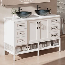 48" Bathroom Vanity with Tempered Glass Sink Open Shelves and 6 Storage Drawers