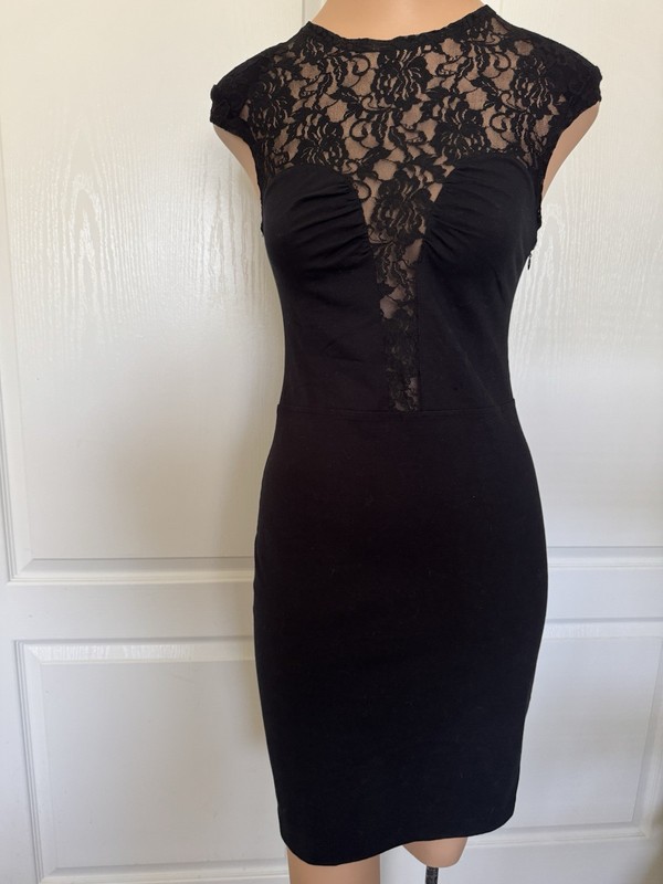 PLASTIC ISLAND Women’s Black Lace Accent Sheath Dress Size Small $123