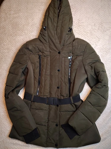 Cappotto giacca donna Michael Kors con cintura taglia M verde zip senza pelliccia sul cappuccio