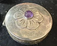 VTG MEXICAN SILVER PILL. BOX AMETHYST Signed Demaso Gallegos