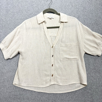 Kirous Women's Linen Boxy Button Up Shirt Sz S Beige Minimalist Soft Girl Beachy