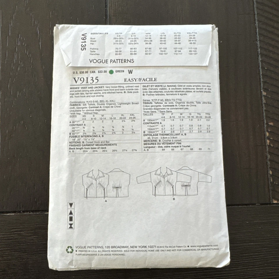 Vogue V9135 Sewing Pattern Vest And Jacket Sizes Lrg-Xxl Uncut NEW - Image 2 of 2