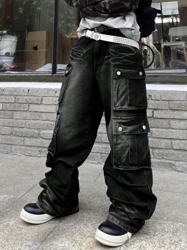 Black Cargo Jeans – Baggy Wide Leg Denim Pants | Streetwear Utility Pockets Y2K - Image 3 of 4