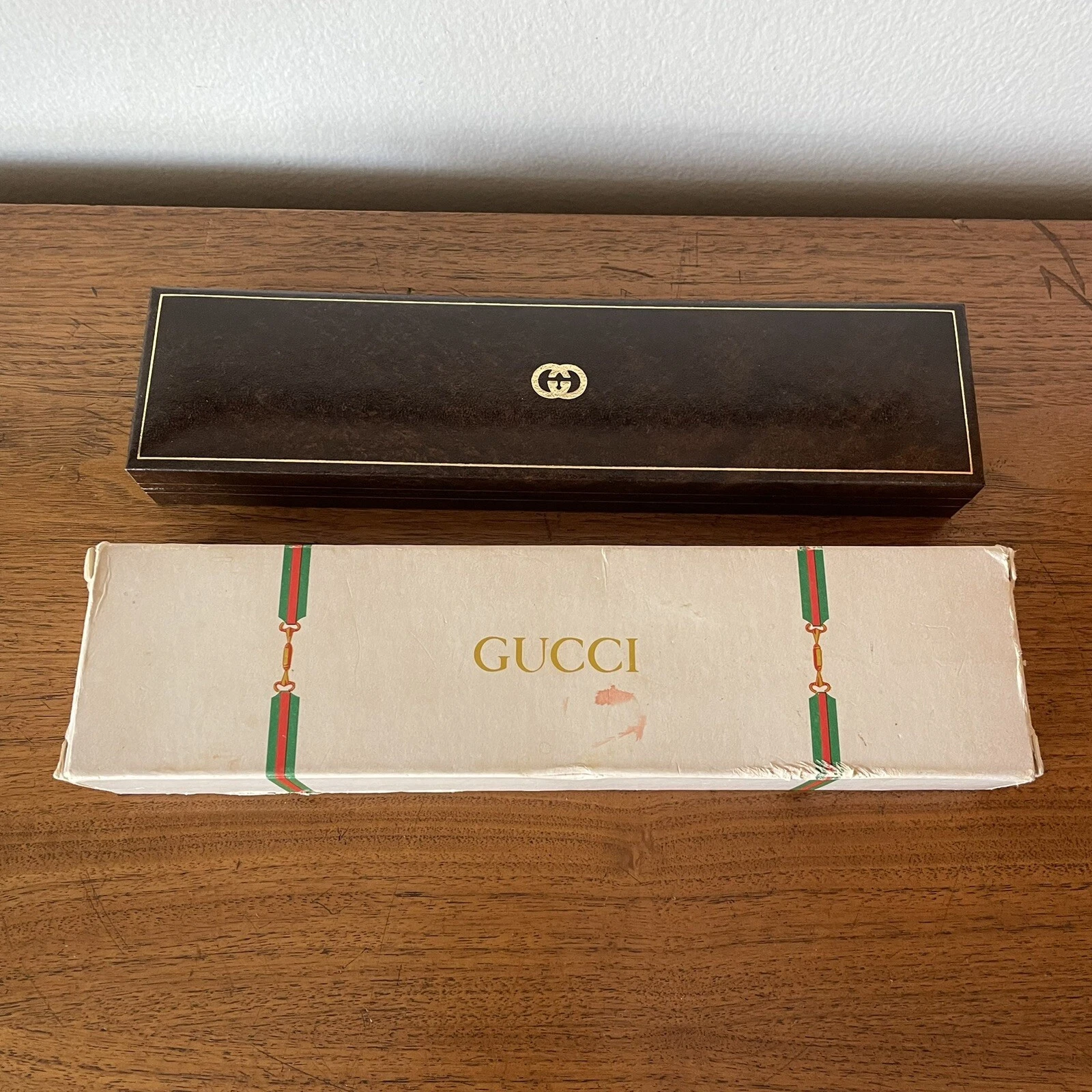 Gucci Vintage Longue Boîte de Montre Marron Charnière et Boîte Cadeau Carton avec Rayures