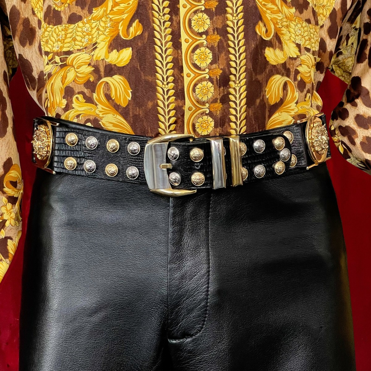 GIANNI VERSACE dual tone belt black studded Medusa head 80
