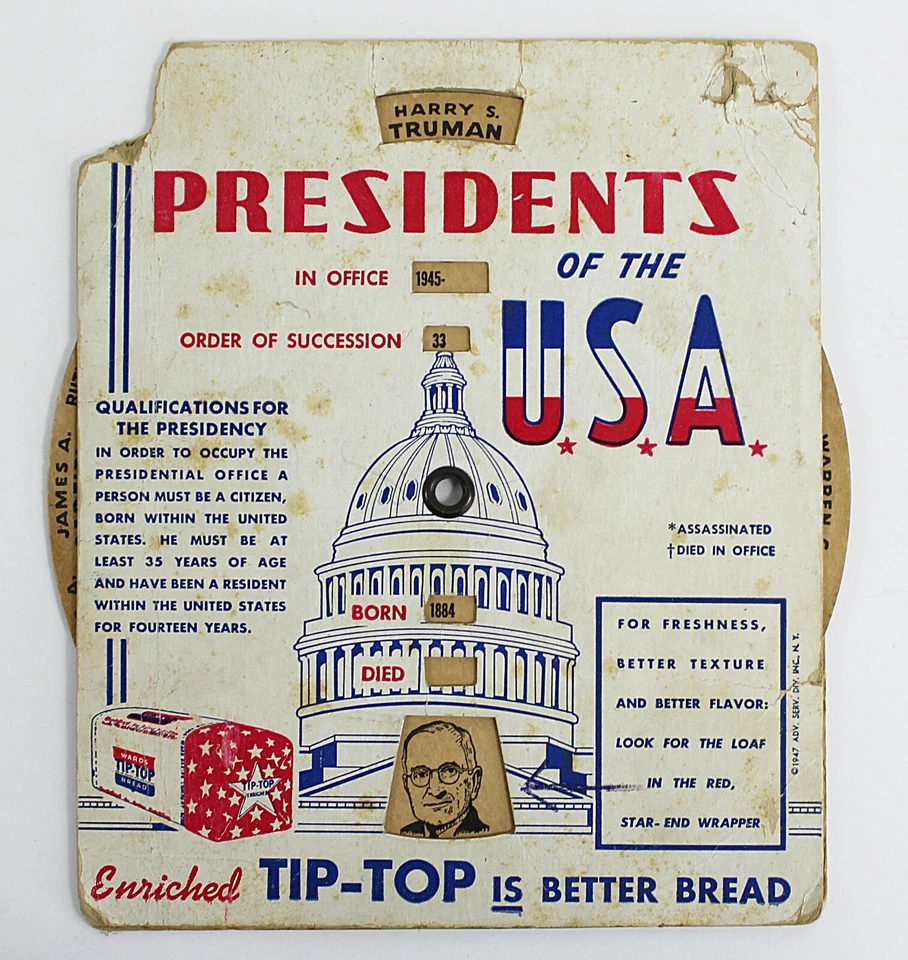 Tip Top Bread Advertising Presidents Of The USA Wheel of Presidency Information - Image 4 of 4