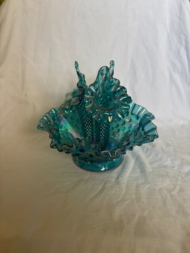 Vtg Fenton blue Opalescent 3 Horn Hobnail Epergne Vase