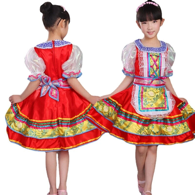 Girl Ethnic Folk Dress Costume Cute Russian Traditional Short Sleeve Dance  Dress