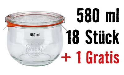 Weck Gläser 580ml Tulpenglas 18 + 1 Gratis 😍 Deckel Gummi Klammer Einmachglas - Bild 1 von 3