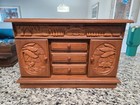 Antique Hand Carved Jewelry Box Chest Lift Top Mirrored Blue Inside