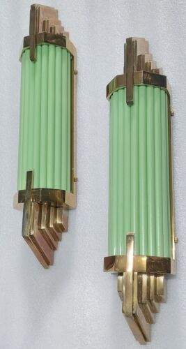 Pair Antique Vintage Art Deco Brass Green Glass Rod Ship Light Wall Sconces Lamp