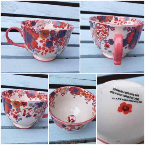 Stunning ANTHROPOLOGIE  Coffee Tea Cup Mug Painted Floral Pattern & letter K  - Picture 1 of 6