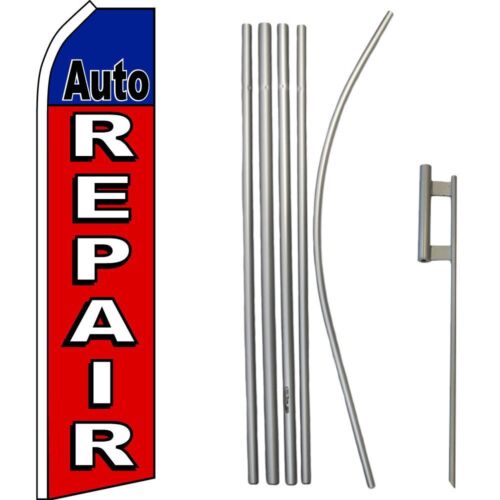Auto Repair Red Blue Swooper Super Flag & 16ft Flagpole Kit / Ground Spike