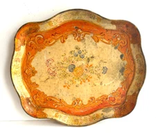 Vintage Florentine Style Tray Scalloped Edges Hand Painted Flowers 13.5 x 12