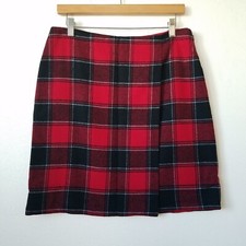 Talbots Womens 8P Skirt Faux Wrap Plaid Lined Wool Blend Red Black