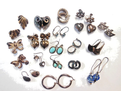 18 Pairs Of Vintage Sterling Silver Earrings, Different Styles And Closures