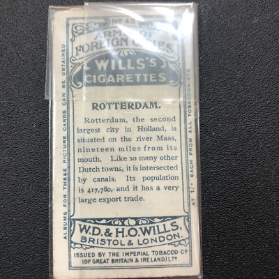 1912 WILLS Cigarettes Arms of Foreign Cities ROTTERDAM Coat Of Arms #43  Tobacco