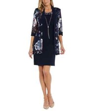 R  M Richards Women's Necklace Printed-Jacket Dress set Navy Multicolor 14
