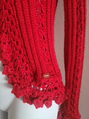 AUTHENTIC VINTAGE 04P CHANEL CROCHET OPEN RED LOGO CARDIGAN
