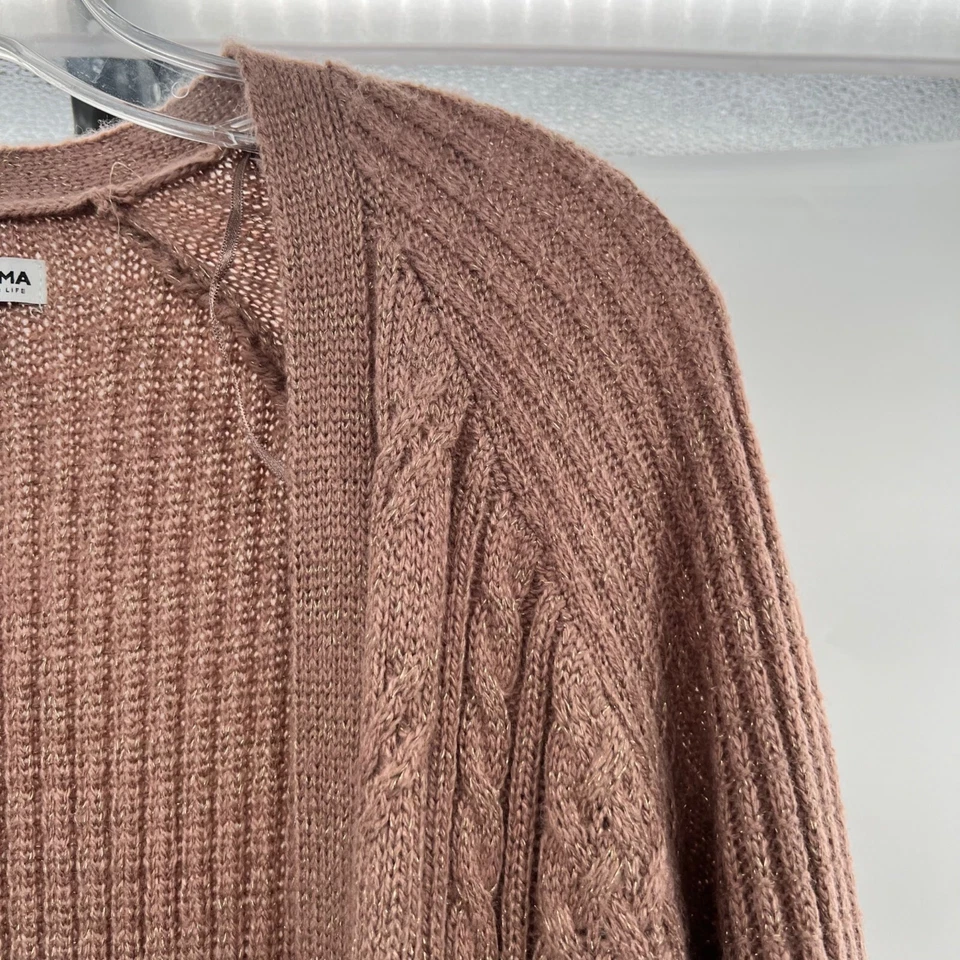 Cárdigan abierto para mujer Sonomo tejido con cable marrón/dorado brillante talla mediana Foto 3 de 4