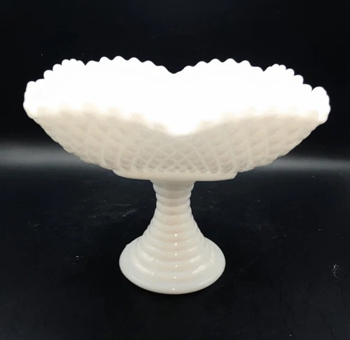 Vintage White Milkglass Diamond Point Square Scallop Edge Footed Open Candy Dish