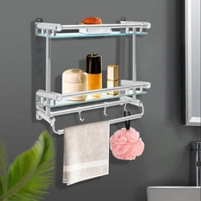Bathroom 2-Tier Shelf W/ Towel Rack Tempered Wall Mounted Glass Stainless Steel