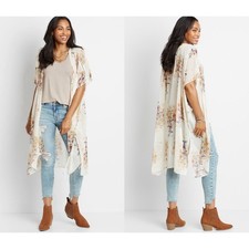 Band of Gypsies White Floral Open Front Duster Kimono Xsmall Small Women s