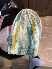 Mixed Blues Acrylic Hand Knitted Beanie Hat. Thick Knit.