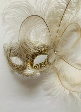 Venetian Mask - White  Gold w/ Feathers Made in Italy 