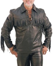 Men American Western Wear Cowboy BLACK Soft Leather Fringes Lace Shirt