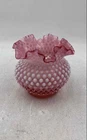 Vintage Fenton Cranberry Glass Hobnail Ruffled Edges Round Shape Decorative Vase