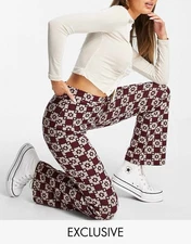 Reclaimed Vintage ASOS 70s Style Burgundy Checkerboard Floral Knit Pants 6 US