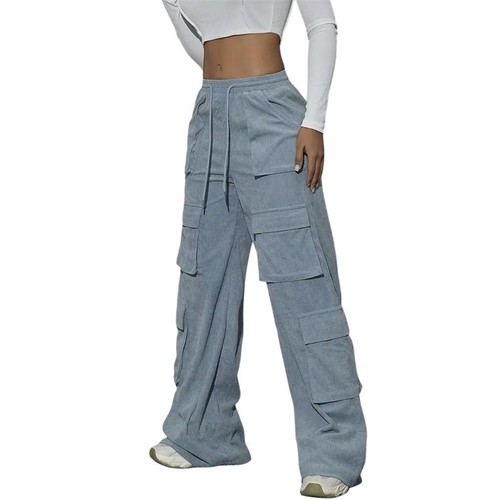 Y2k High Waist Blue Wide Leg Cargo Utility Pants L Pockets Streetwear Adjustable - Picture 4 of 9
