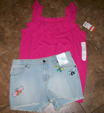 NWT Cat  Jack Girls Denim Shorts Butterfly Super Stretch  Pink Top Sz XL 14/16