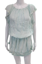 Sunday Tropez Womens Linen Short Sleeve Square Neck Mini Dress Blue Size M